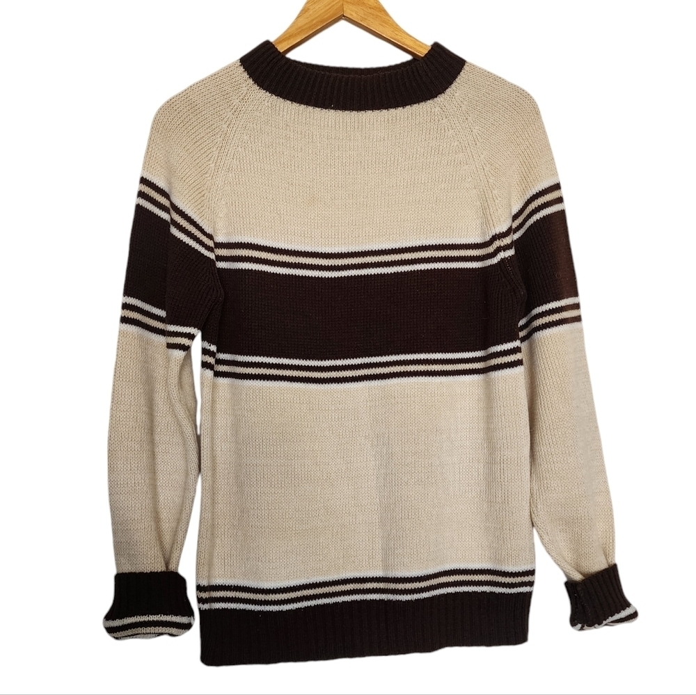 Vintage Ferranti California Striped Raglan Knit Sweater Brown & Cream Acrylic - Picture 2 of 7